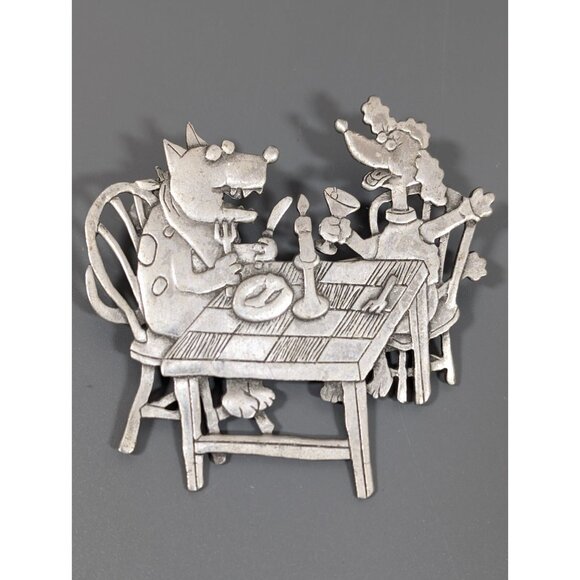 Vintage JJ Jonette Dog Dinner Date Pup Poodle Silver Tone Couple Candelight - Picture 7 of 8